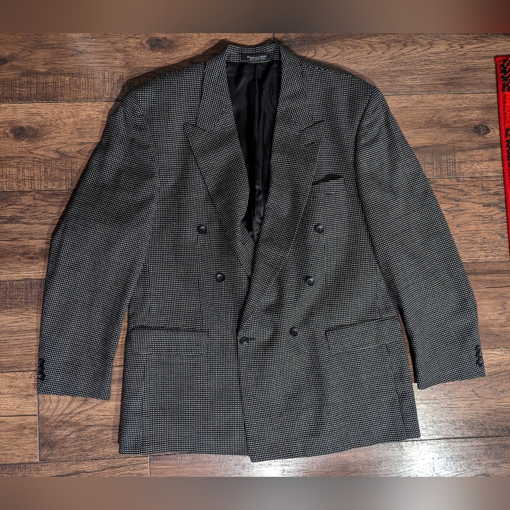 Franco Tassi Black & White Dot Pure Wool Sport Coat Blazer Lined Jacket 46 Tall
